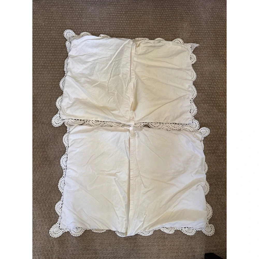 Vintage Style Cream Cotton Crochet Floral Medallion Pillow Shams Set of 2 24x16